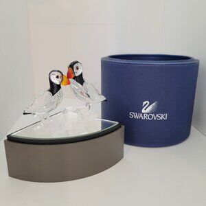 *Mint* SWAROVSKI Crystal Retired Puffins Figurine w/ Box & Mirror Stand #261643